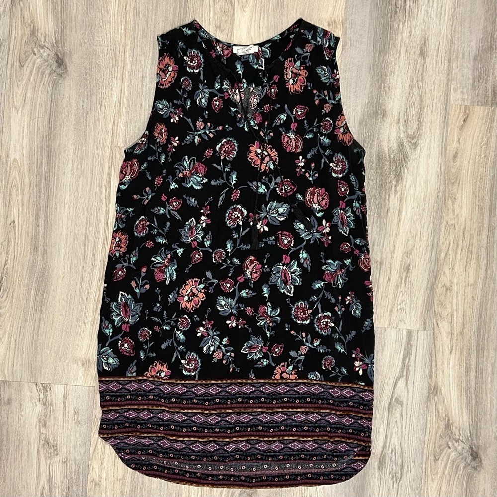 Beach Lunch Lounge Black Floral Sleeveless Mini V Neck Dress Swim Cover Size L